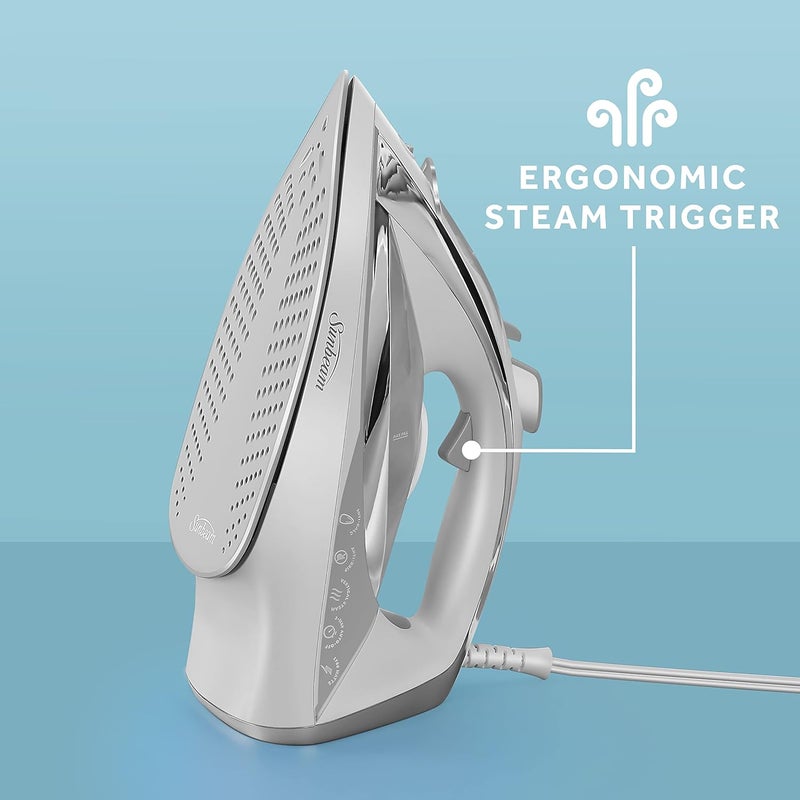 Sunbeam مكواة بخار توربو، 1700 واط، قاعدة سيراميك غير لاصقة، بخار أفقي أو عمودي، تسخين سريع، إيقاف تلقائي ثلاثي الاتجاهات، أبيض وكروم، 9.3"L x 3.7"W - Image 3